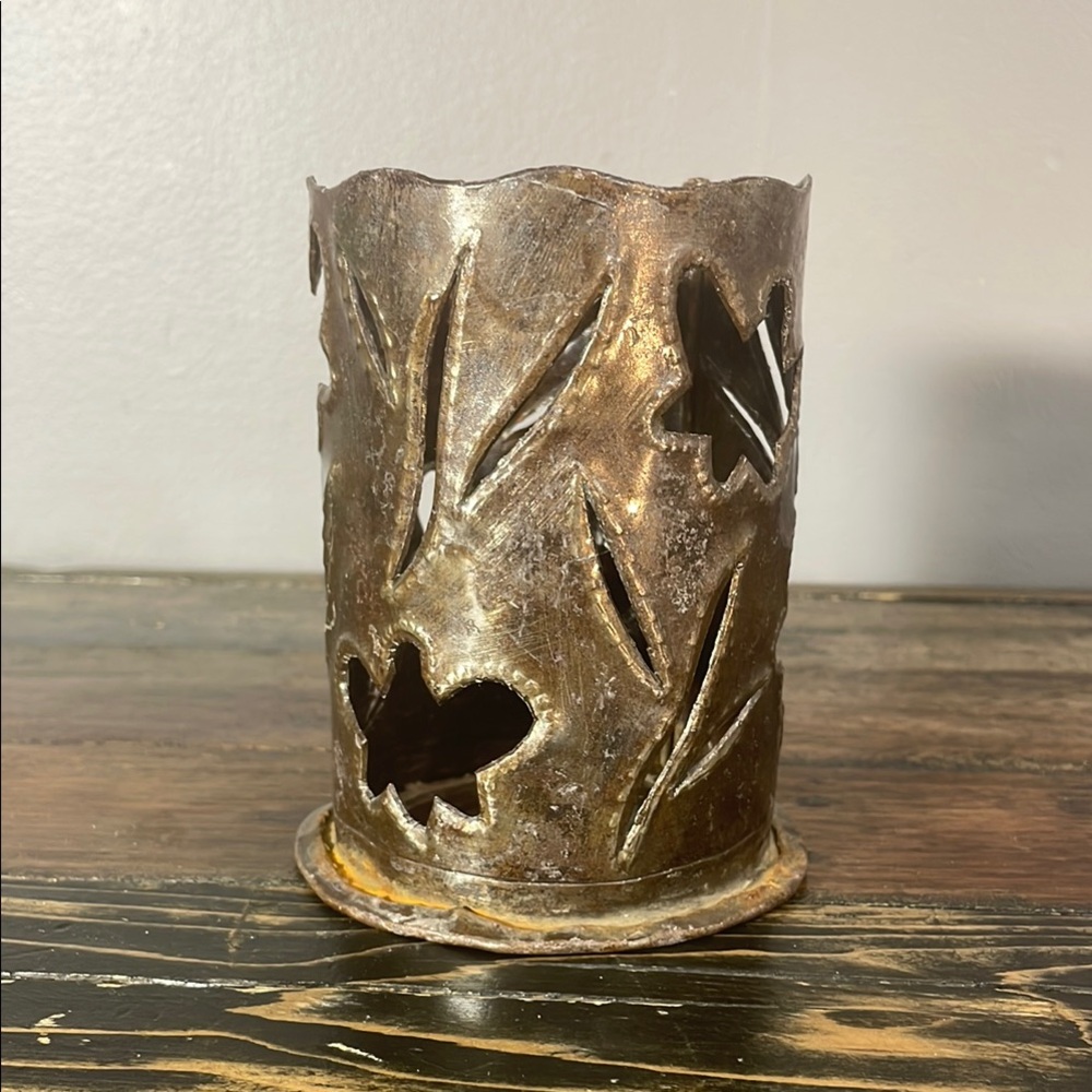 Rustic Brown Candle Holder in metal some rust but adds to character - handmade!